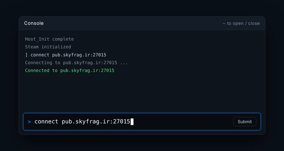 کنسول بازی با دستور connect pub.skyfrag.ir:27015