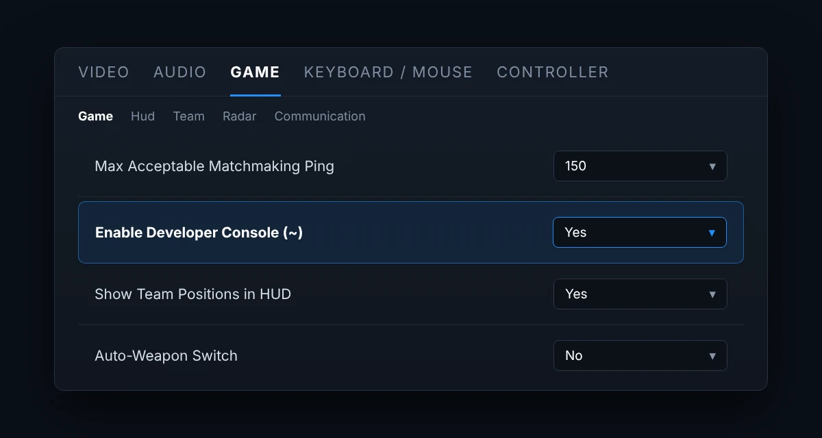 تنظیمات بازی، بخش Game، گزینه‌ی Enable Developer Console روی Yes